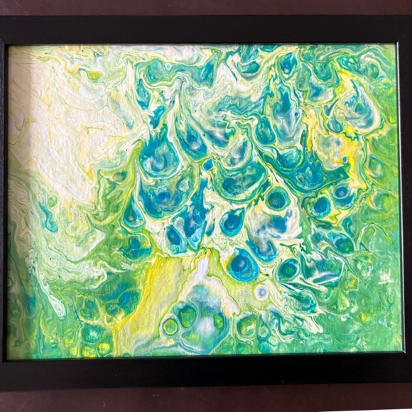 Original Abstract Acrylic Pour Painting | Green & Blue Art | Framed 8x10 Panel - Picture 3 of 8